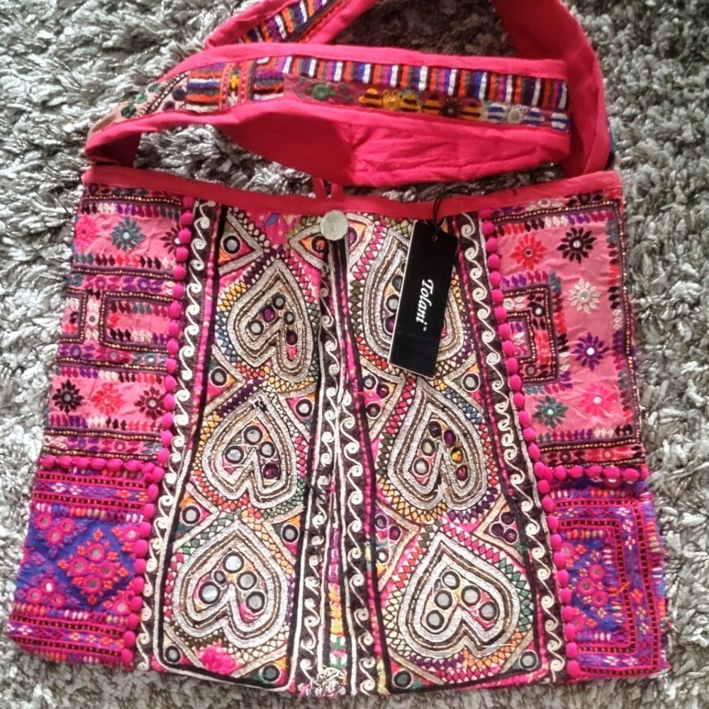 Anthropologie Tolani PatchWork Embroidered Banjara Beaded Boho Indian Tote Bag